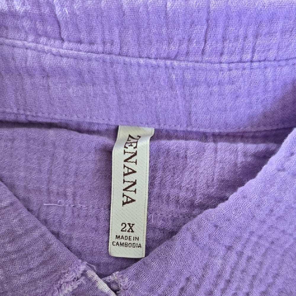 103 NWT Zenana Plus Washed Double Gauze Button Lavender Textured Top 1X 2X 3X - Picture 8 of 10